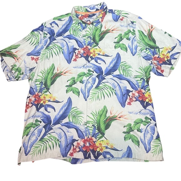 Tommy Bahama Shirt Men's XL White Blue Tropical Floral 100% Silk Camp Shirt - Picture 2 of 11